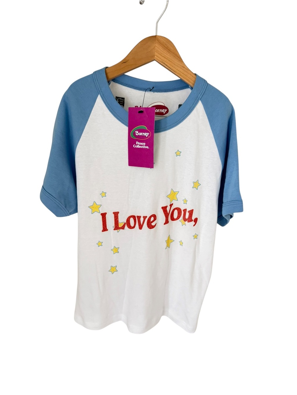 Peace Collective xBarney 'I Love You' Raglan Tee - White with Light Blue Sleeves